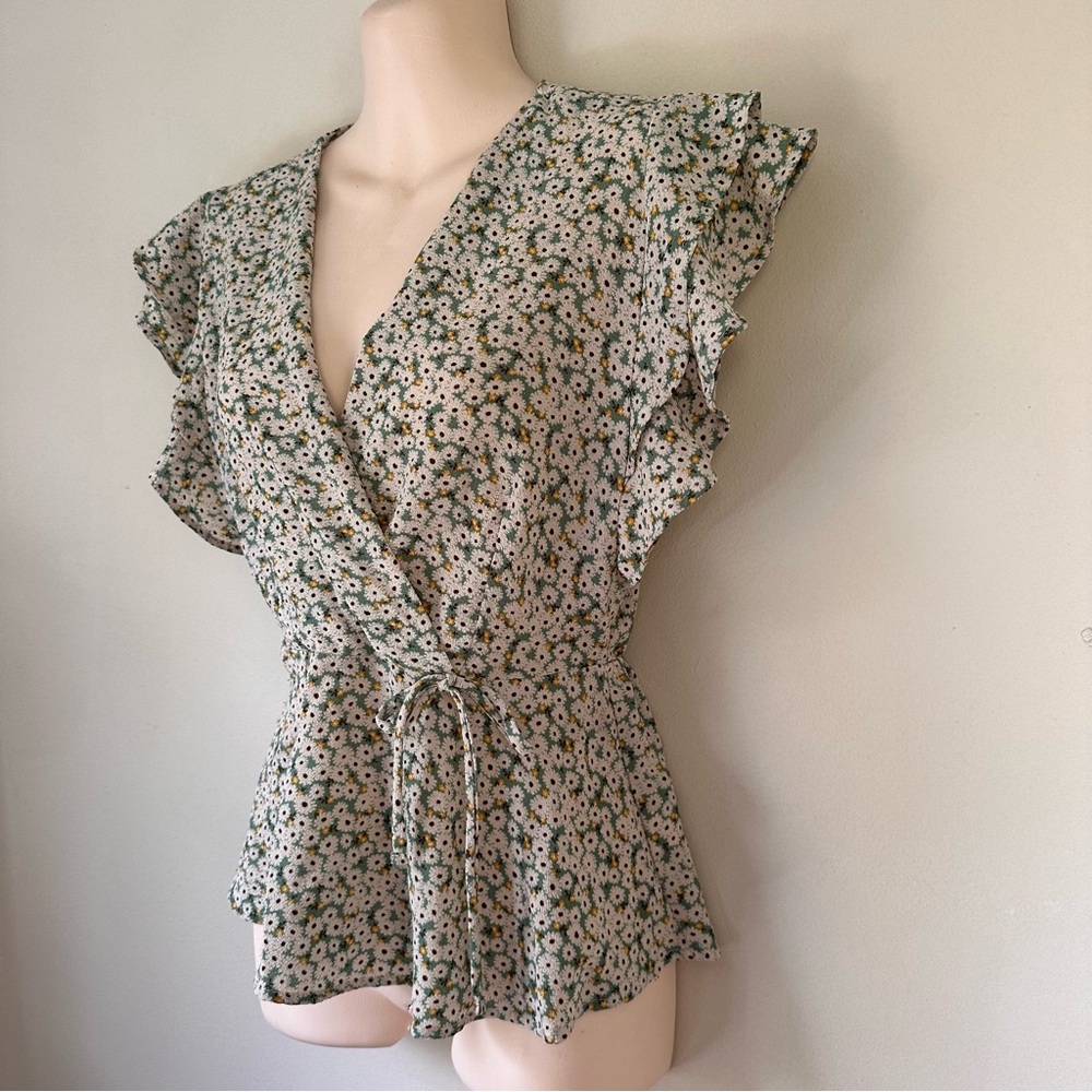 Monteau Green Floral Wrap Blouse